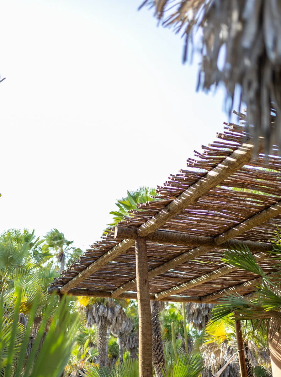 Cobertura de madeira e palha entre a vegetação
