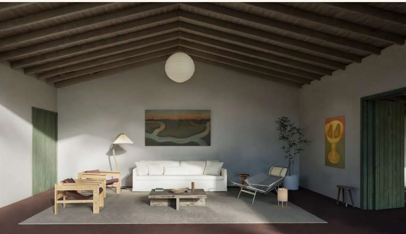 Casa Sede — sala de estar com sofá, poltronas e teto de madeira