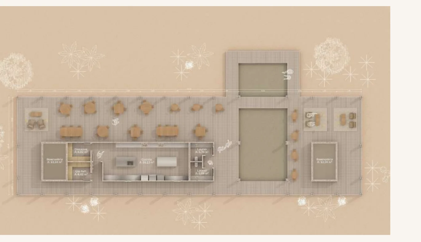 Restaurante — planta humanizada com cozinha, salão e terraços
