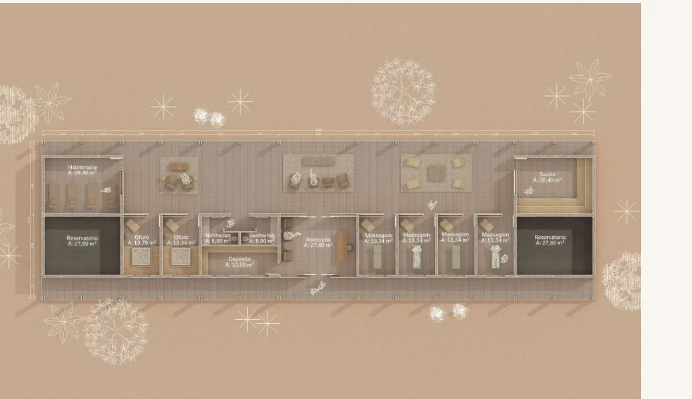 Spa — planta humanizada com salas de massagem, sauna e piscina