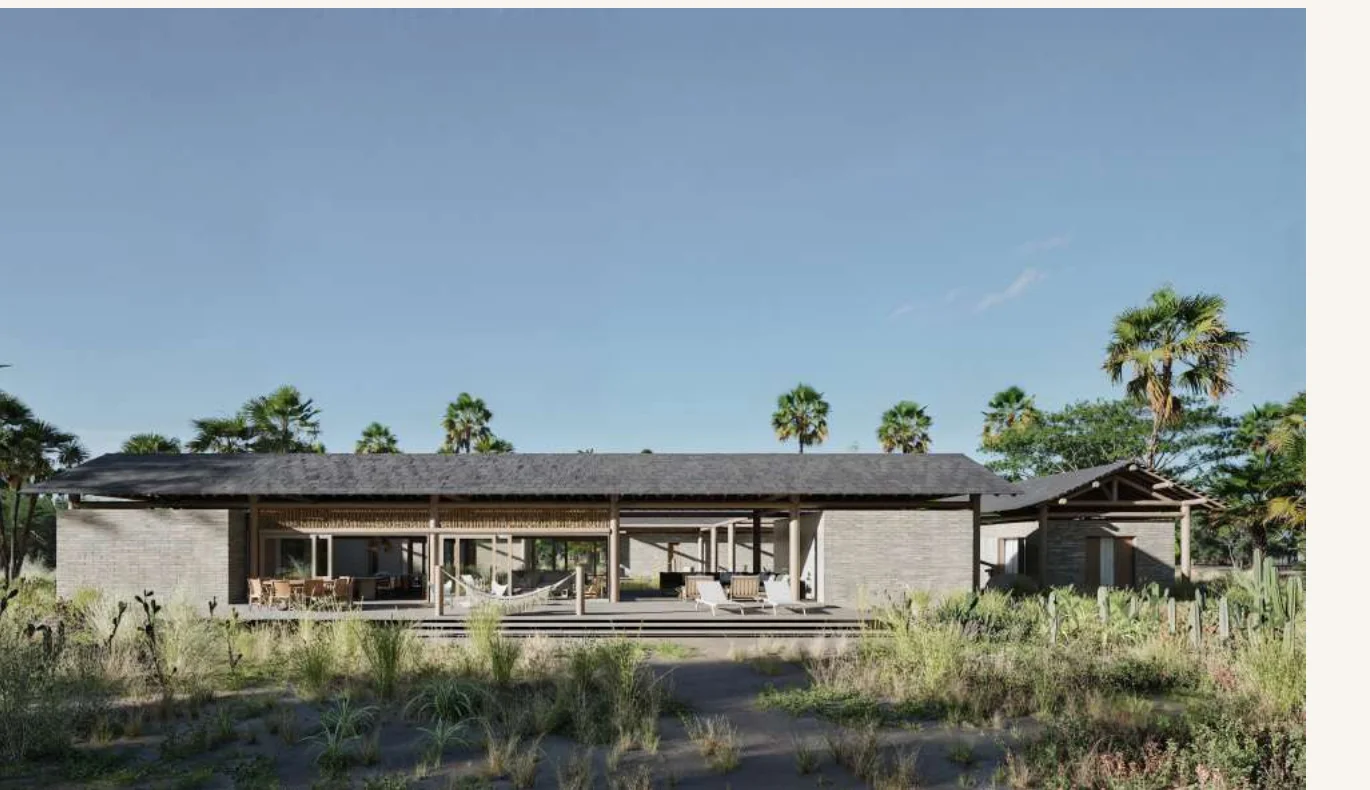 Casa Modelo — vista exterior, fachada principal ladeada por carnaúbas e vegetação nativa