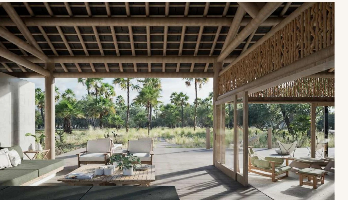 Casa Modelo — sala com mobiliário de madeira sob pérgola integrada ao jardim