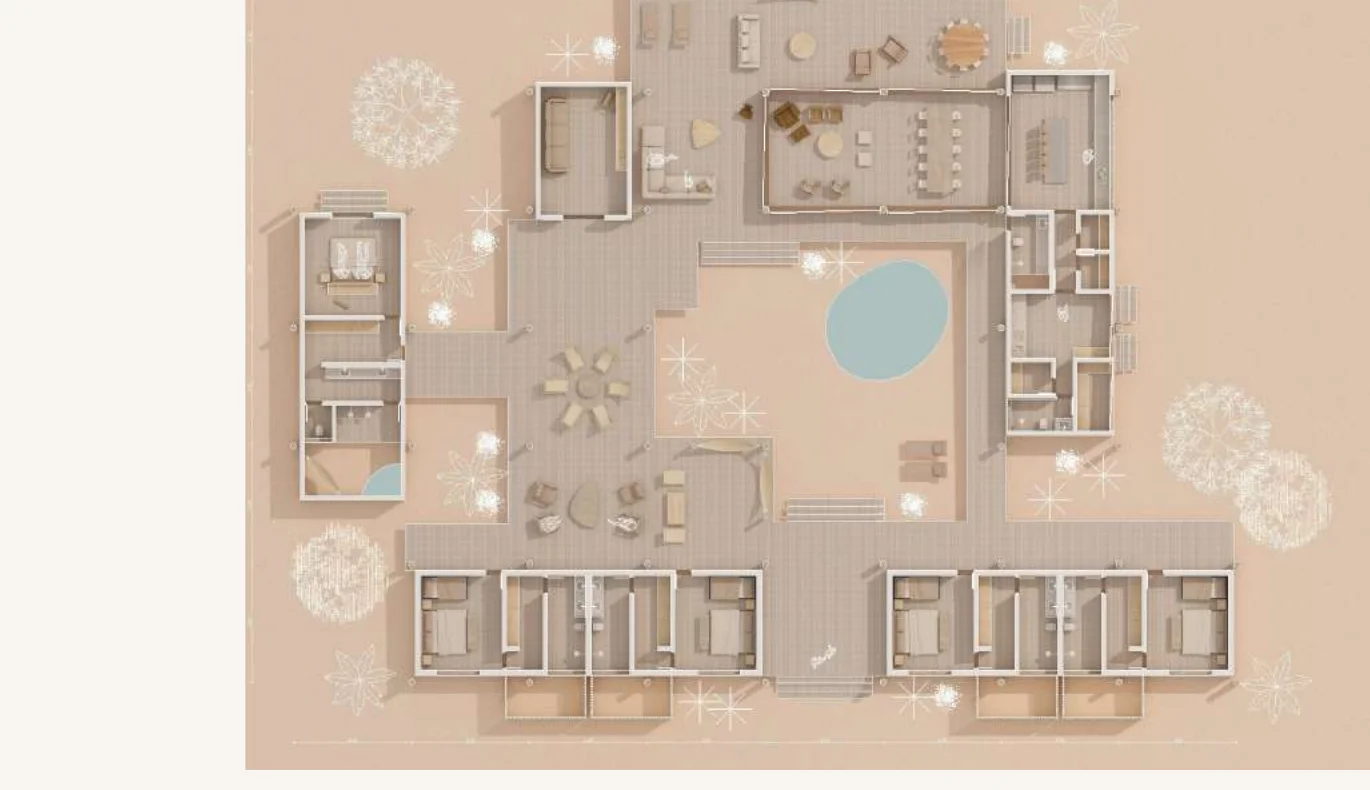 Casa Modelo — planta humanizada com mobiliário e jardins ao redor