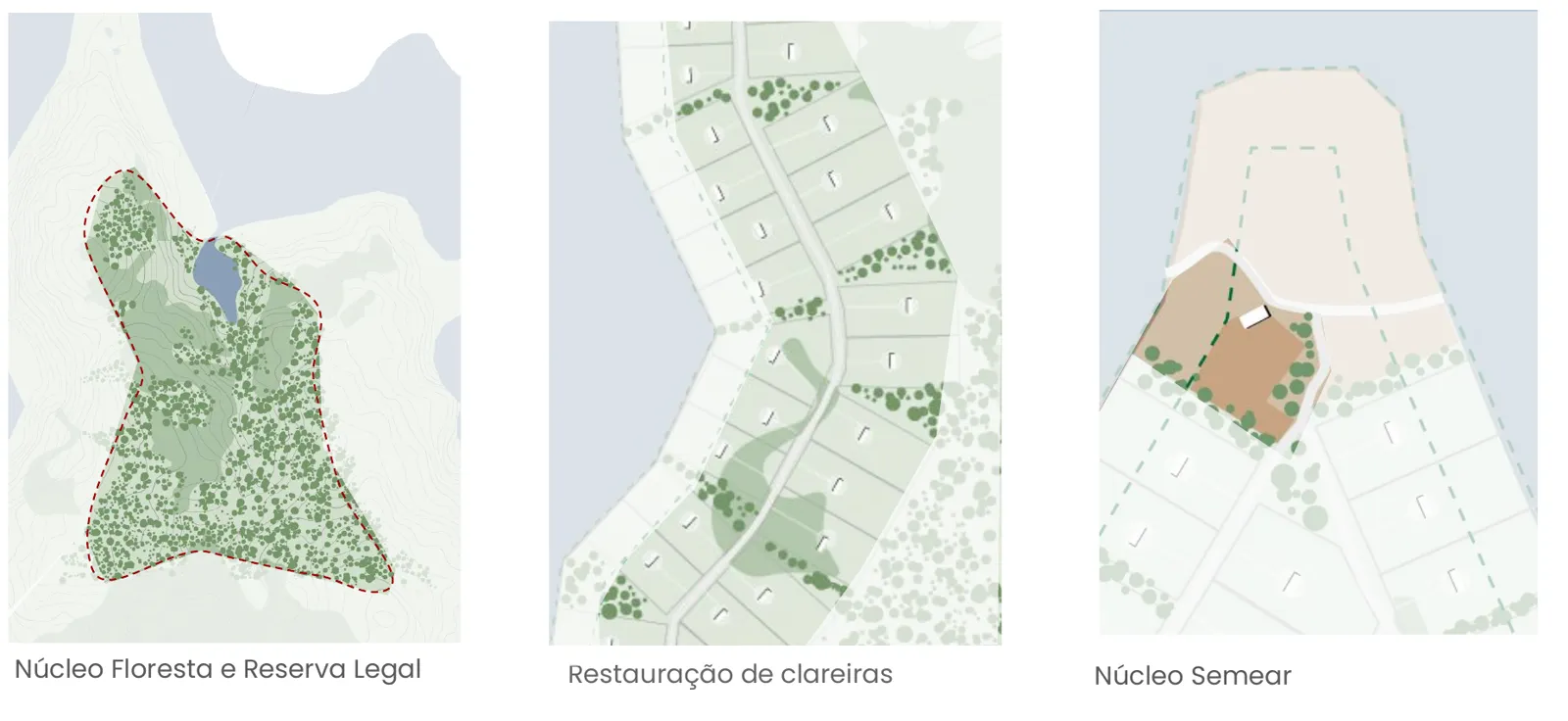 Localização do Núcleo Floresta e Reserva Legal, das áreas de restauração de clareiras e do Núcleo Semear