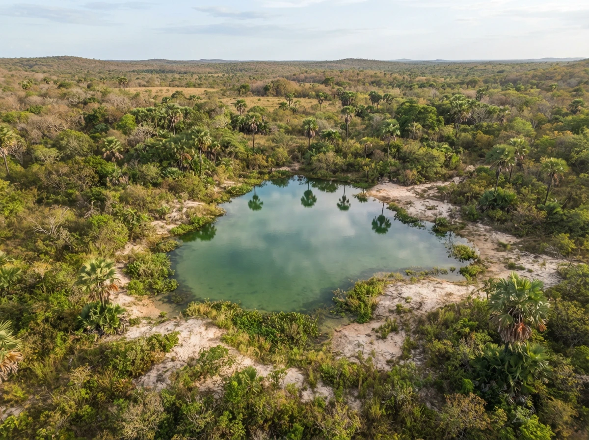 Vista aérea do espelho d'água doce cercado por vegetação nativa do cerrado-caatinga
